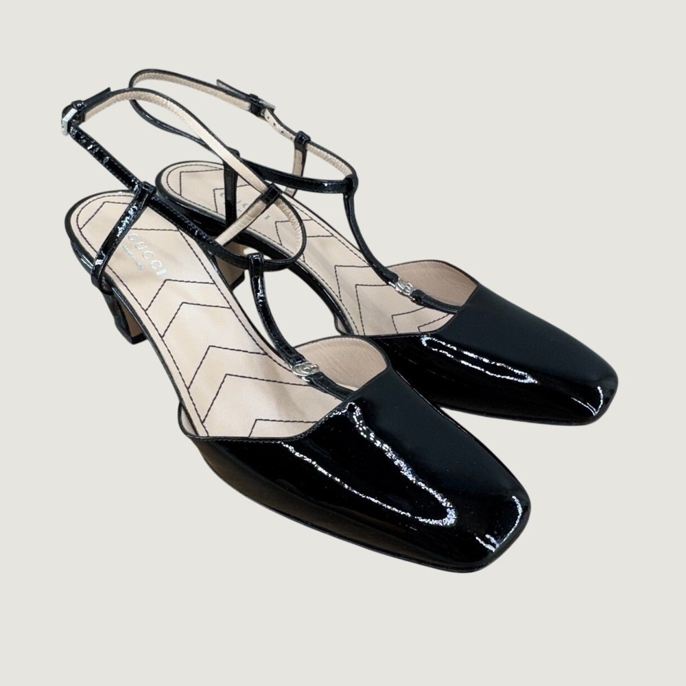 Gucci Petite GG Logo T-Strap Patent Leather Slingback Heels 38.5 Charlotte Pumps